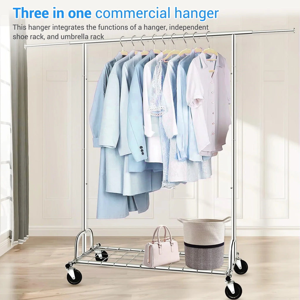 Heavy Duty Metal Clothes Rack with Wheels & Shelves B2765