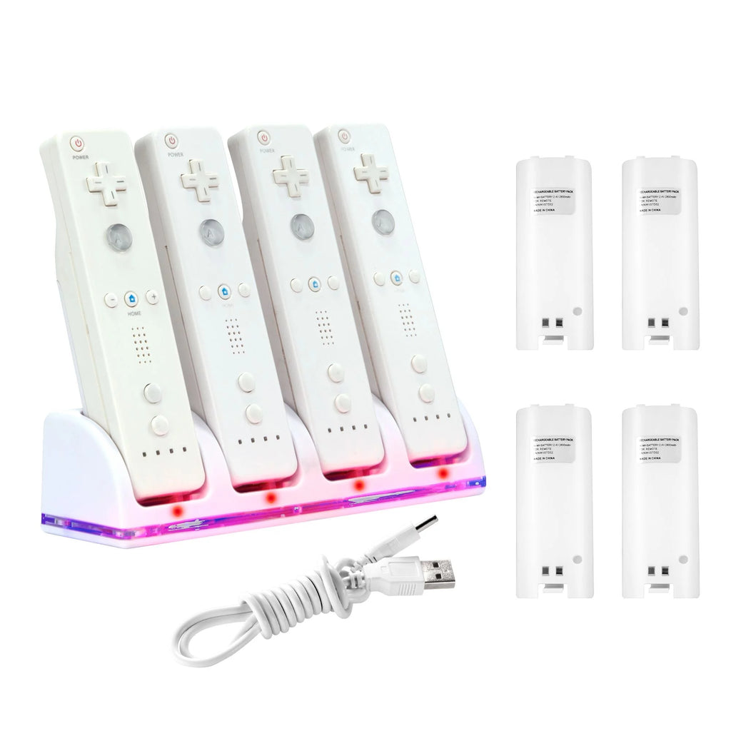 White Wii U Quad Remote Controller Charger Dock Station with 4x Rechargeable Battery Pack X57834
