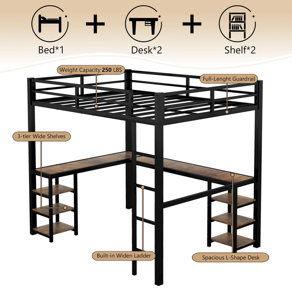 Full Size Black Metal Loft Bed with Desk and Shelves A60366