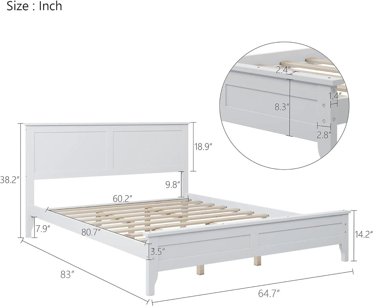 White Queen Size Platform Bed with Headboard D54255