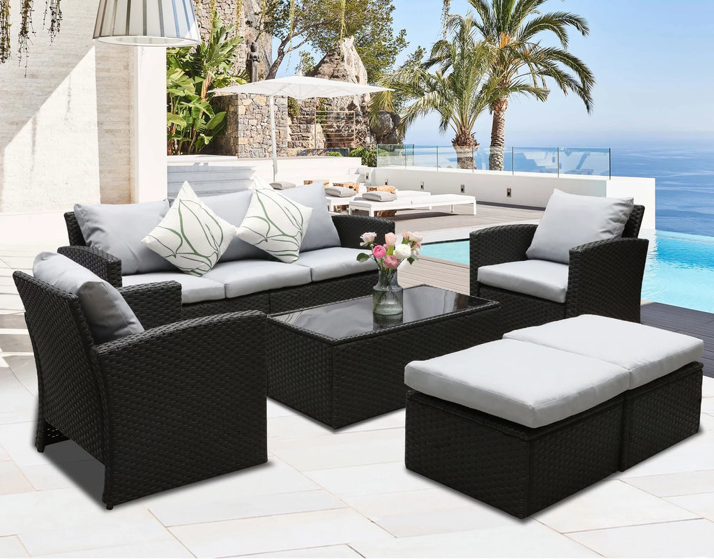 8 Pcs Wicker Patio Furniture Set with Coffee Table and Ottomans O922975