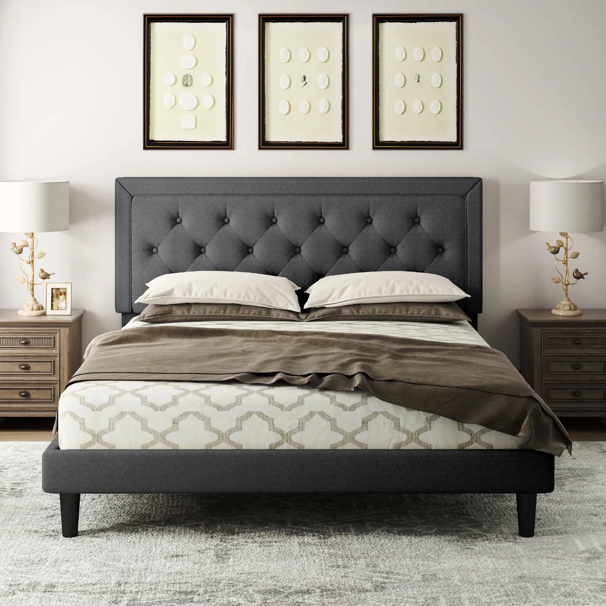 Queen Size Dark Grey Upholstered Platform Bed Frame M3466