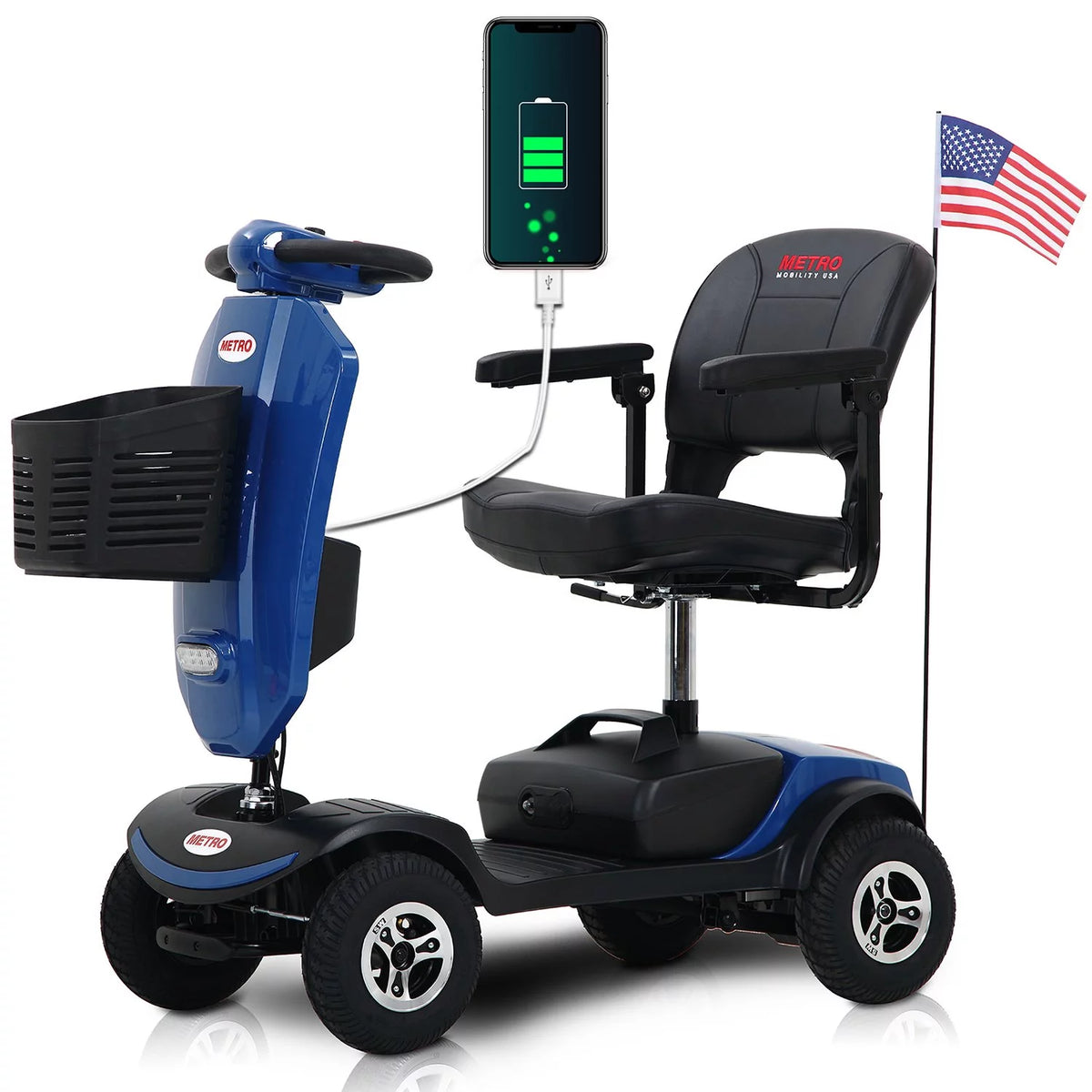 Blue 4 Wheels Folding Mobility Scooter with USB Charging Port V7625