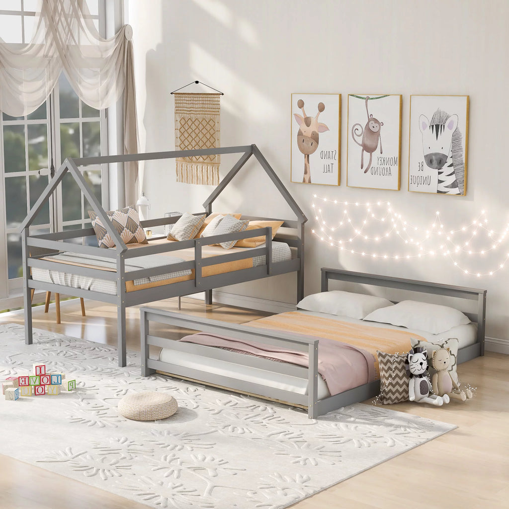 Gray Twin over Full Bunk Bed with Built-in Ladder Q935