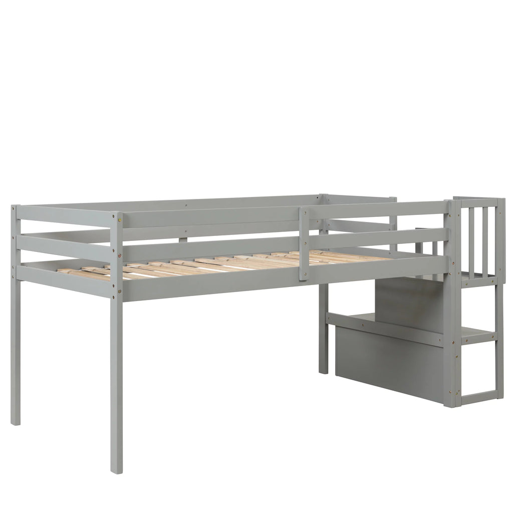 Gray Wood Low Loft Bed Frame with Storage and Stairs U876382