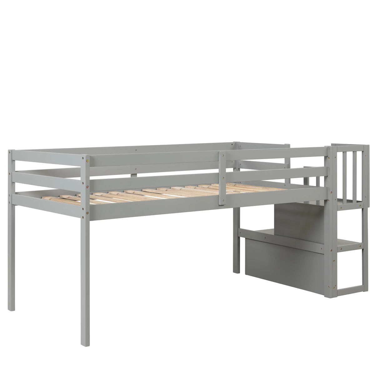 Gray Wood Low Loft Bed Frame with Storage and Stairs U876382