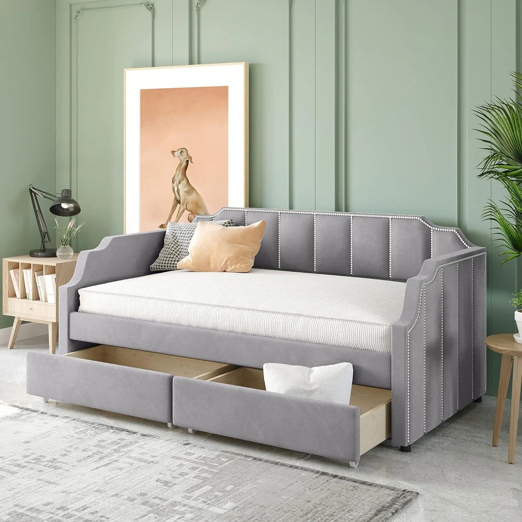Gray Upholstered Daybed with Drawers F553429