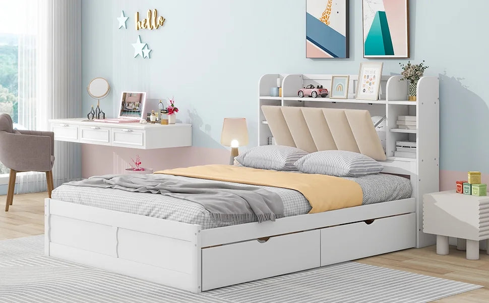 White Wood Queen Size Platform Bed with Storage Headboard and Four Drawers O70430