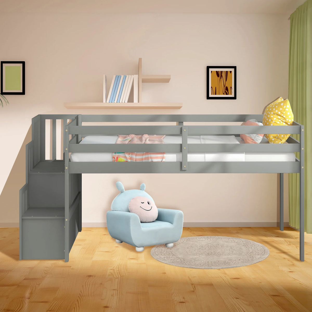Gray Wood Low Loft Bed Frame with Storage and Stairs U876382