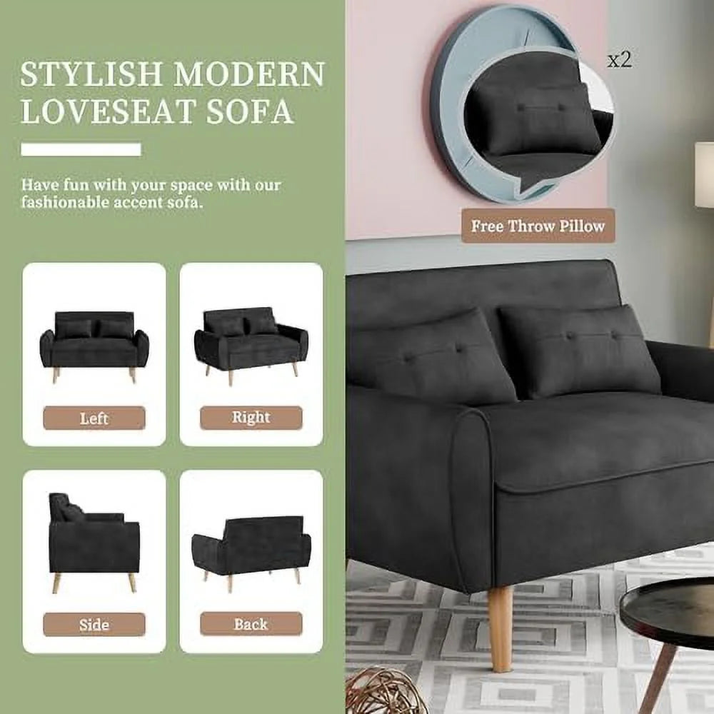 47" Linen Fabric Tufted Loveseat Sofa with Wood Legs S858
