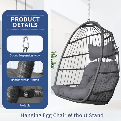 Egg Chair with Cushions, 350lbs Capacity Wicker Hanging Chair, Gray H54434