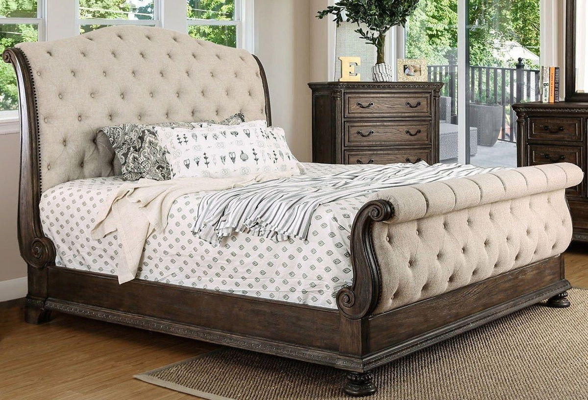 California King Size Sleigh Bed Dresser Mirror Nightstand 4pc Set Tufted Fabric H35688