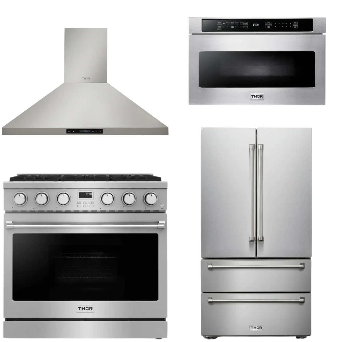 36 Gas Range, Range Hood, Refrigerator and Microwave J669907