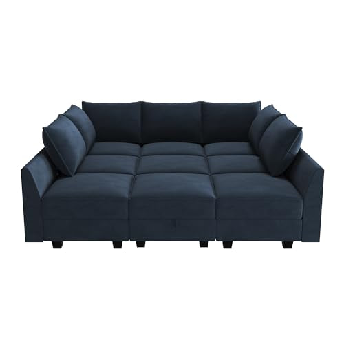 Dark Blue Velvet Sleeper Sectional Sofa with Storage N538567