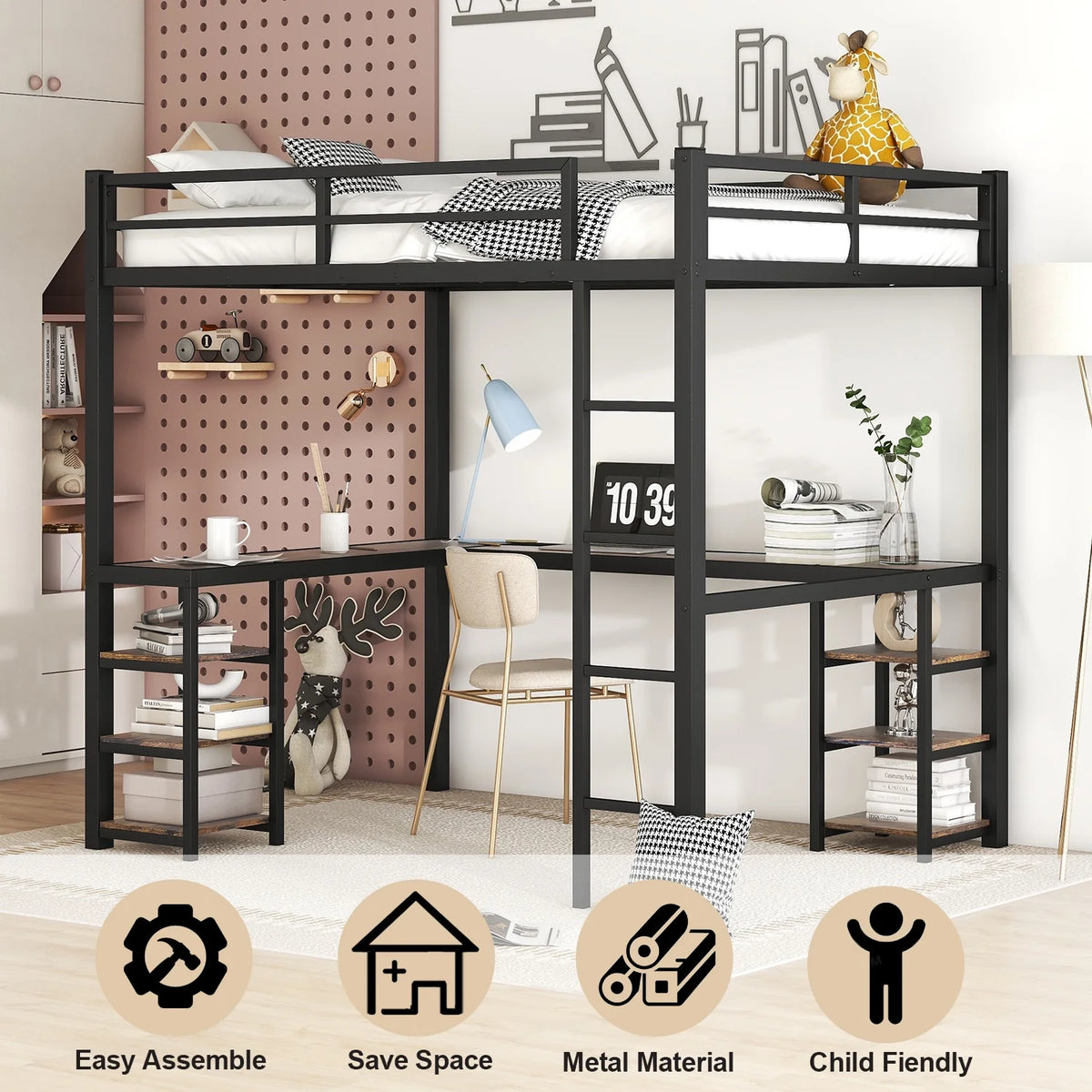 Full Size Black Metal Loft Bed with Desk and Shelves A60366
