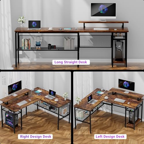 Black Oak L Shaped Computer Desk with Power Outlets and LED Light A704325