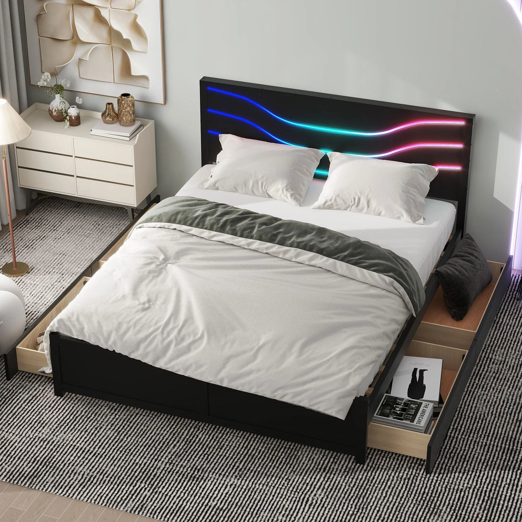 Queen Size Platform Bed with LED Light and 4 Storage Drawers L9191
