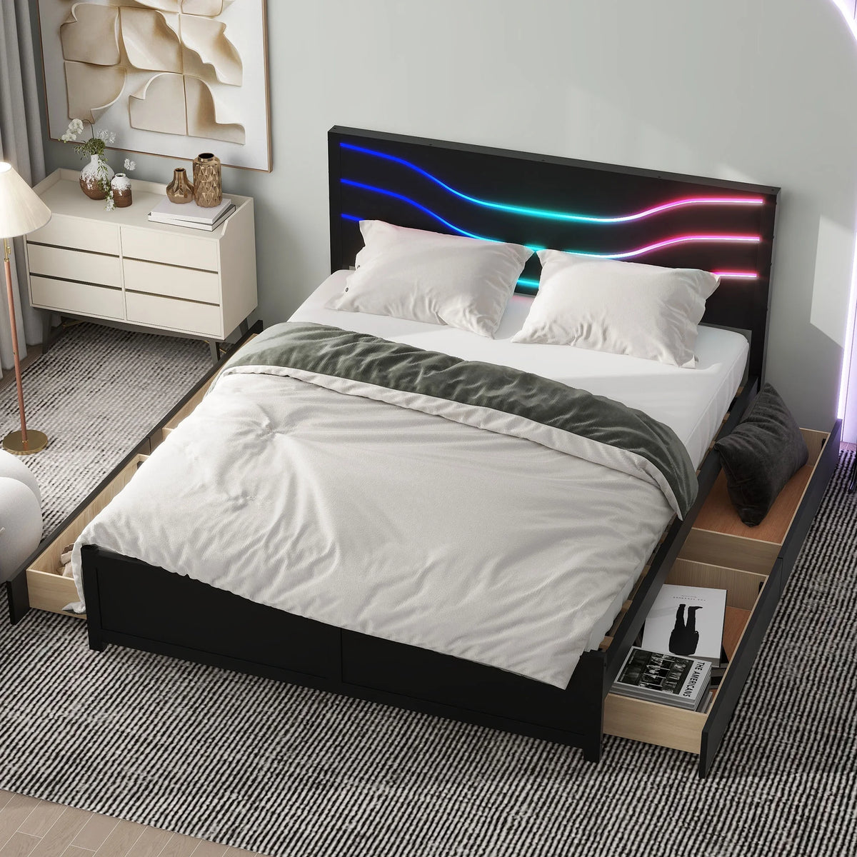 Queen Size Platform Bed with LED Light and 4 Storage Drawers L9191