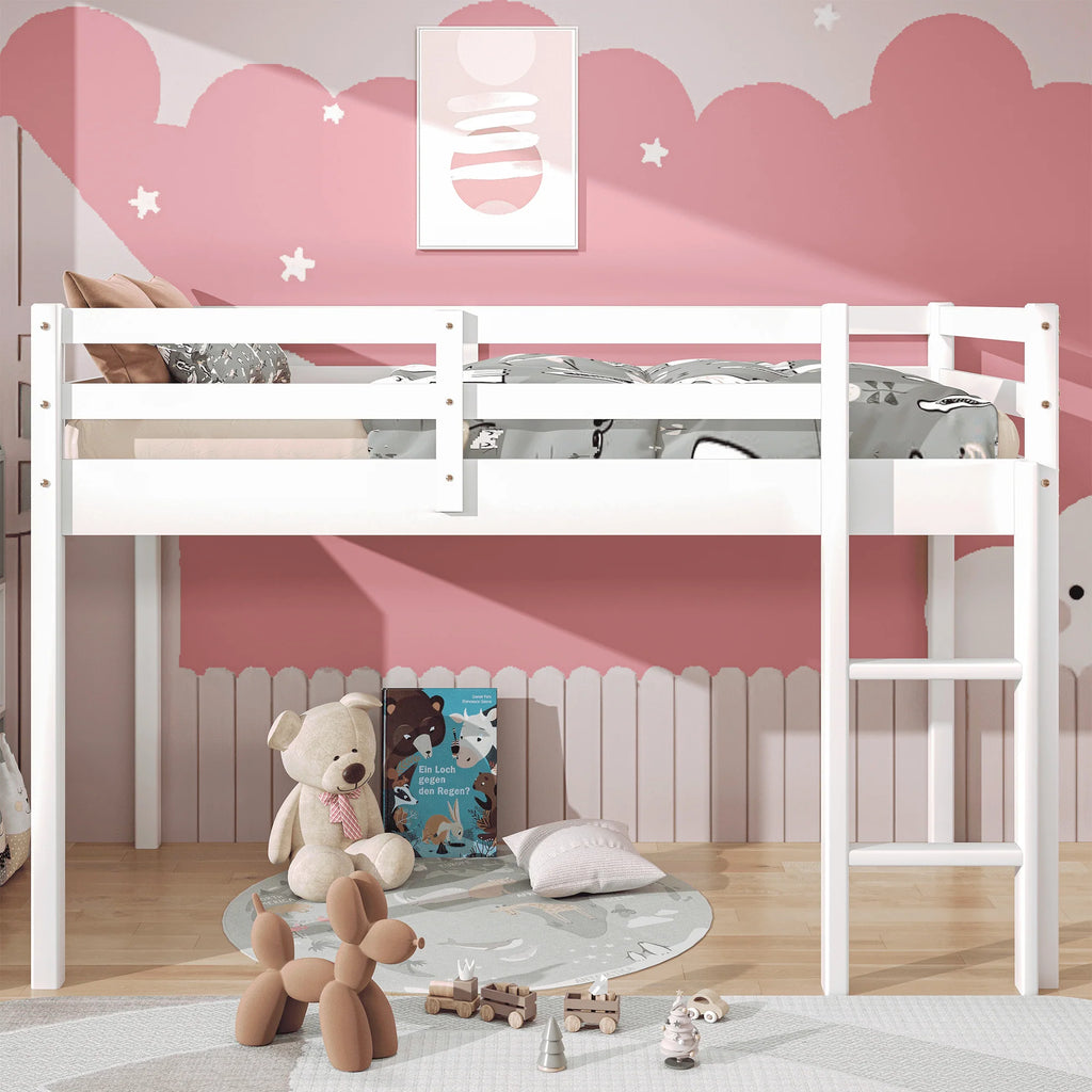 White Twin Size Solid Wood Loft Bed with 14 Wooden Slats I34135