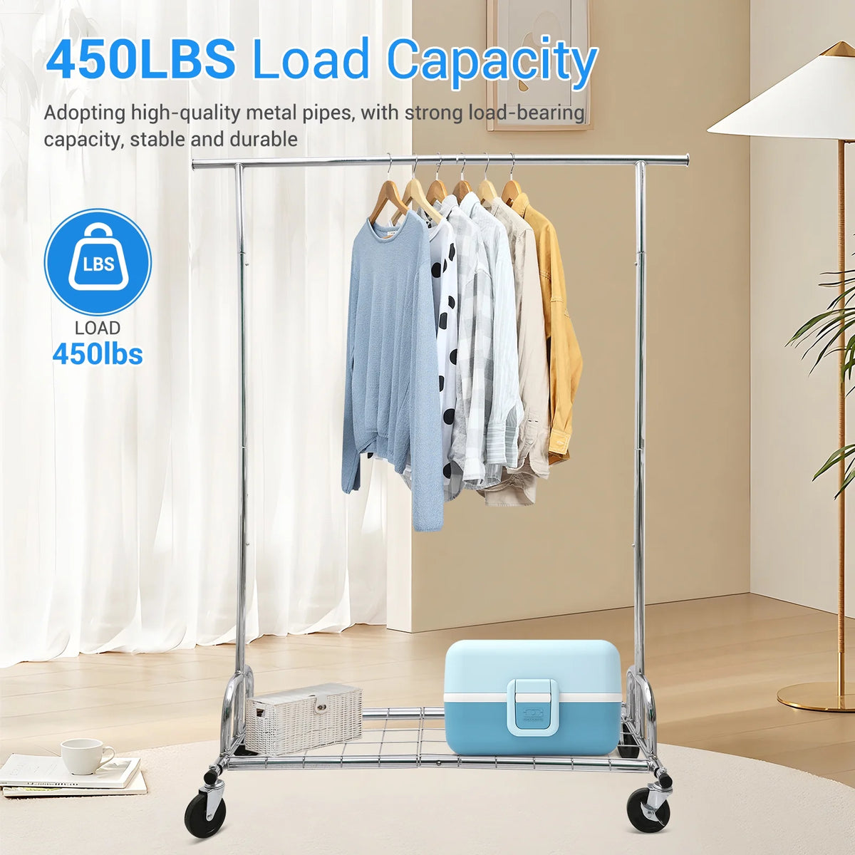 Heavy Duty Metal Clothes Rack with Wheels & Shelves B2765