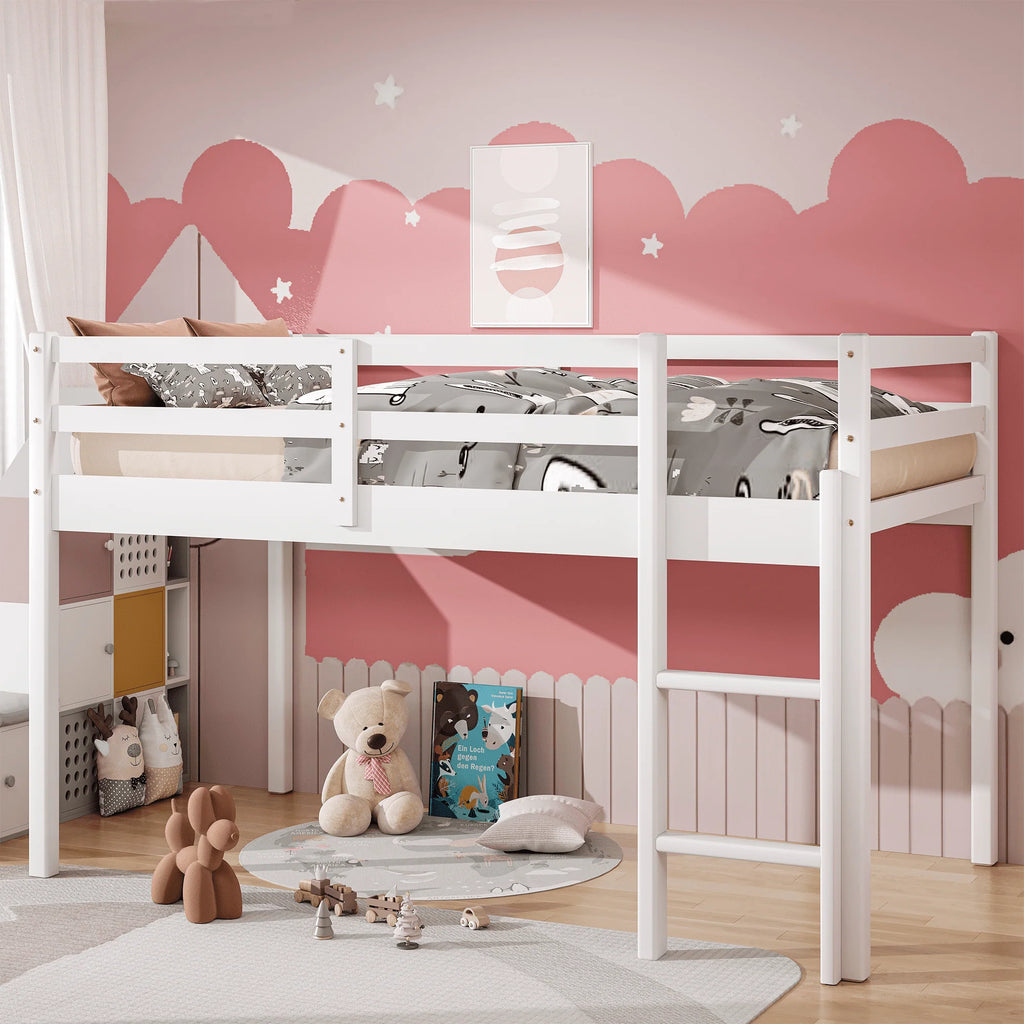 White Twin Size Solid Wood Loft Bed with 14 Wooden Slats I34135