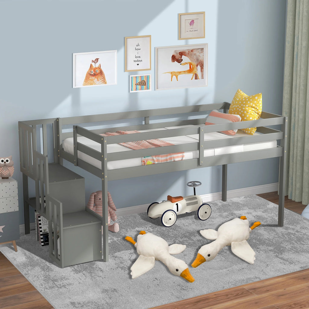Gray Wood Low Loft Bed Frame with Storage and Stairs U876382