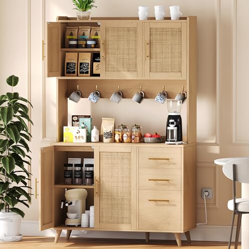 70.9" Rattan Kitchen Pantry Cabinet with Microwave Shelf P315