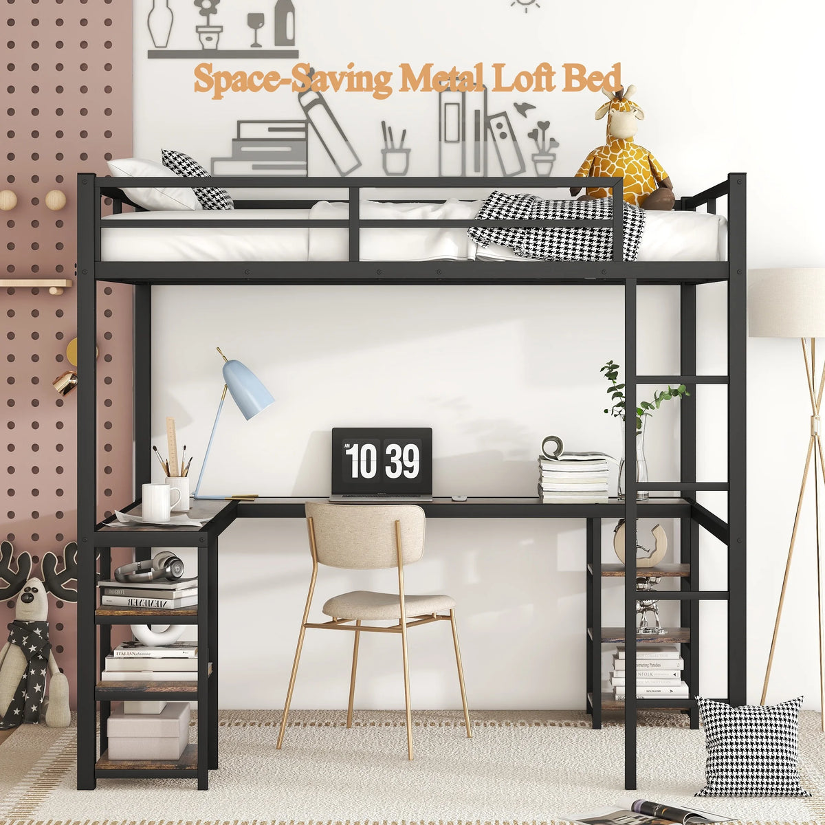 Full Size Black Metal Loft Bed with Desk and Shelves A60366