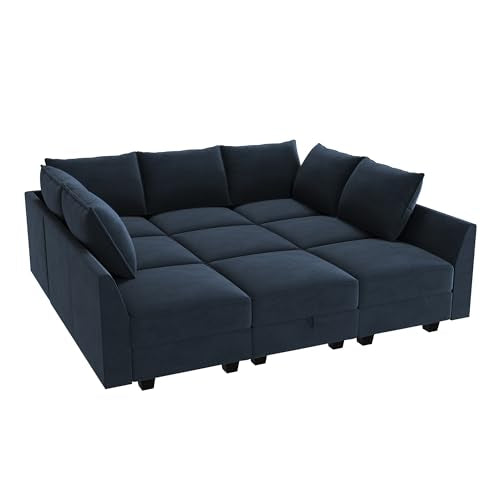 Dark Blue Velvet Sleeper Sectional Sofa with Storage N538567