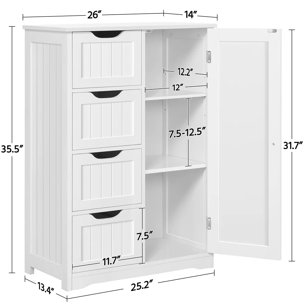 White 4 Drawer Wooden Bathroom Floor Cabinet P234