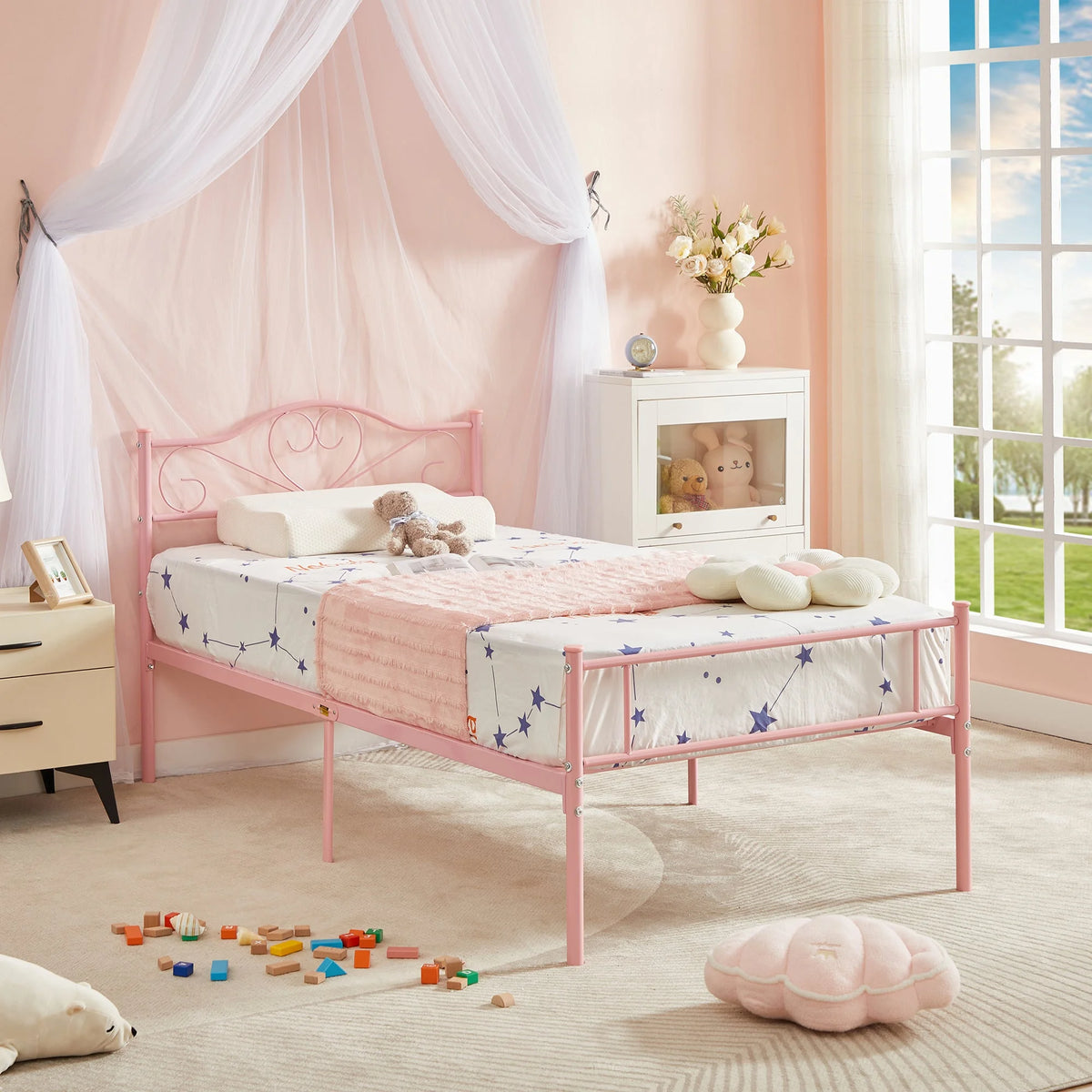 Set of 2 Twin Size White Metal Platform Bed Frame with Headboard W40442