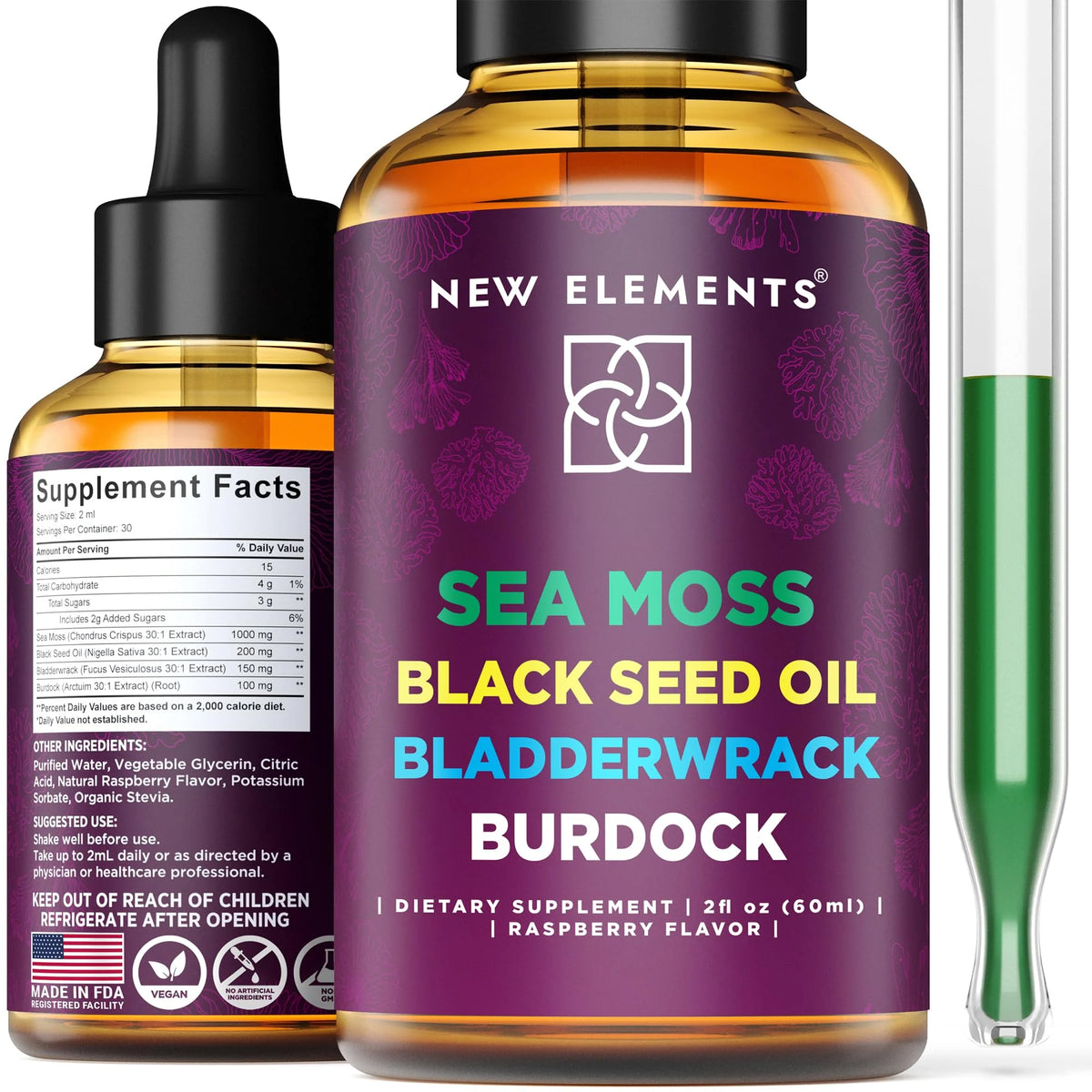 Organic Sea Moss Liquid Extract with Black Seed Oil, Bladderwrack & Burdock Root, 1000mg, 4 in 1, Raspberry Flavor, Vegan J702444
