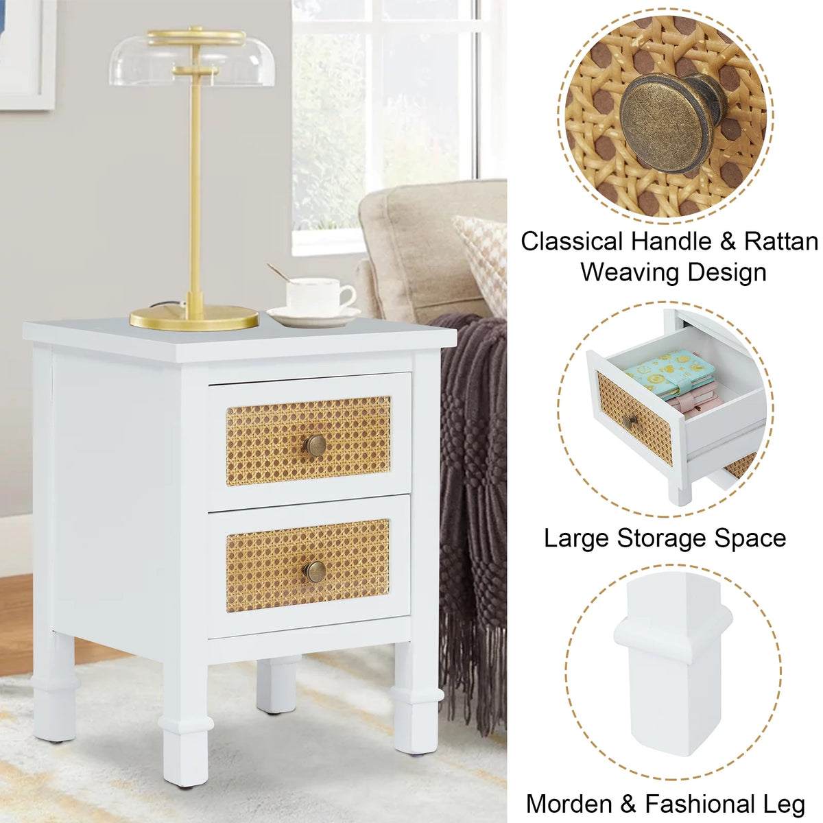 White 2 Drawer Rattan Nightstand B778