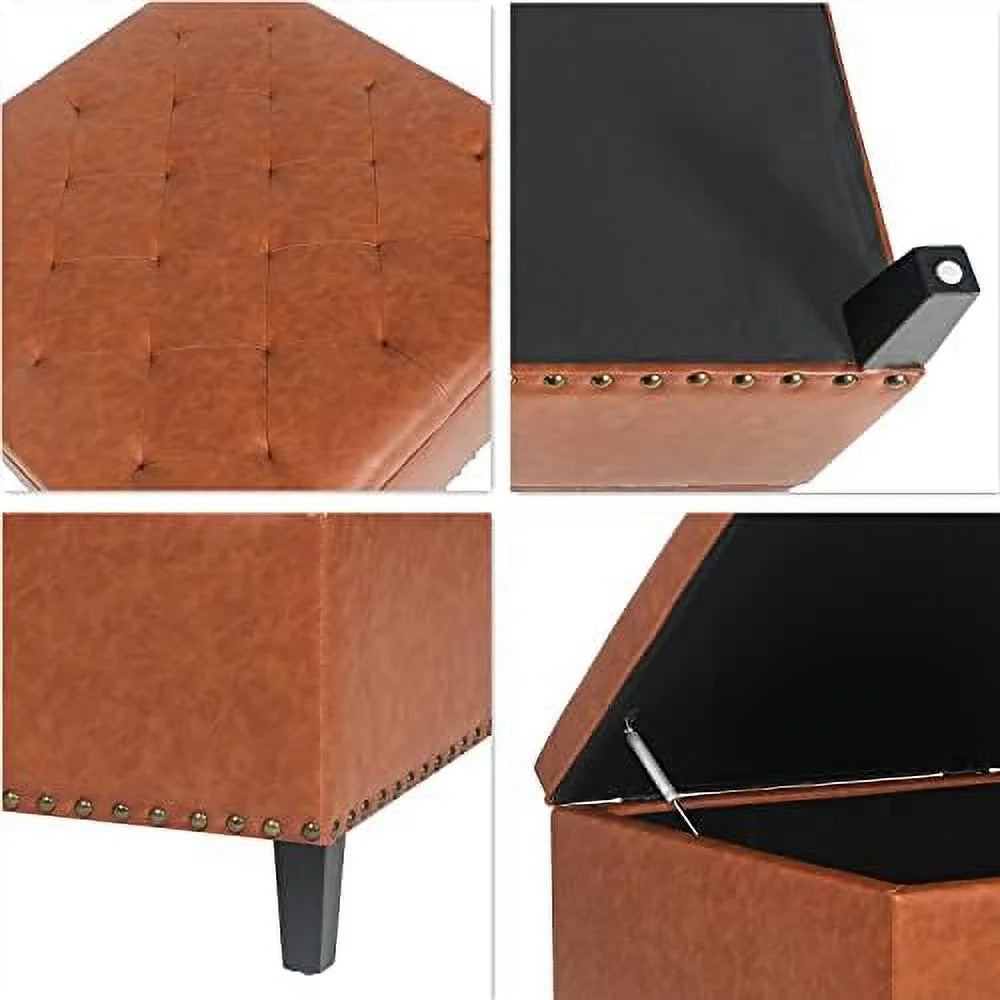 Orange Upholstered Tufted Ottoman Bench with Wood Legs P6068