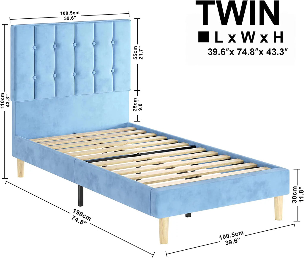 Light Blue Velvet Upholstered Twin Platform Bed Frame T605085