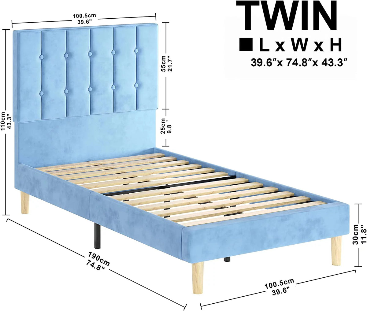 Light Blue Velvet Upholstered Twin Platform Bed Frame T605085