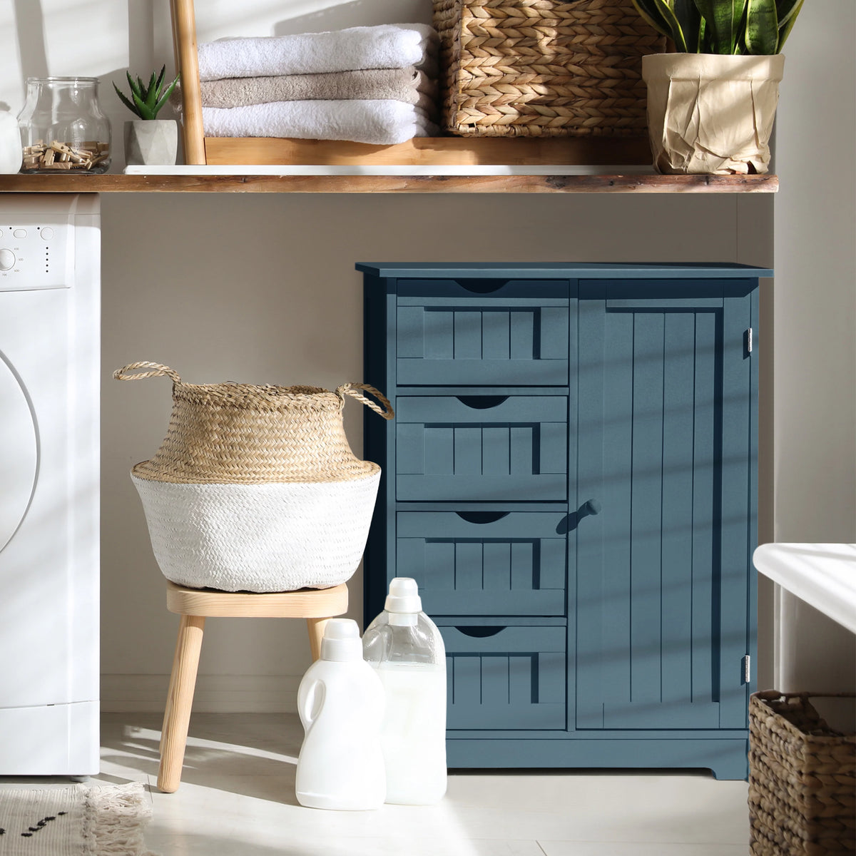 Blue Wooden Bathroom Floor Storage Cabinet with 4 Drawers and 1 Cupboard S919155