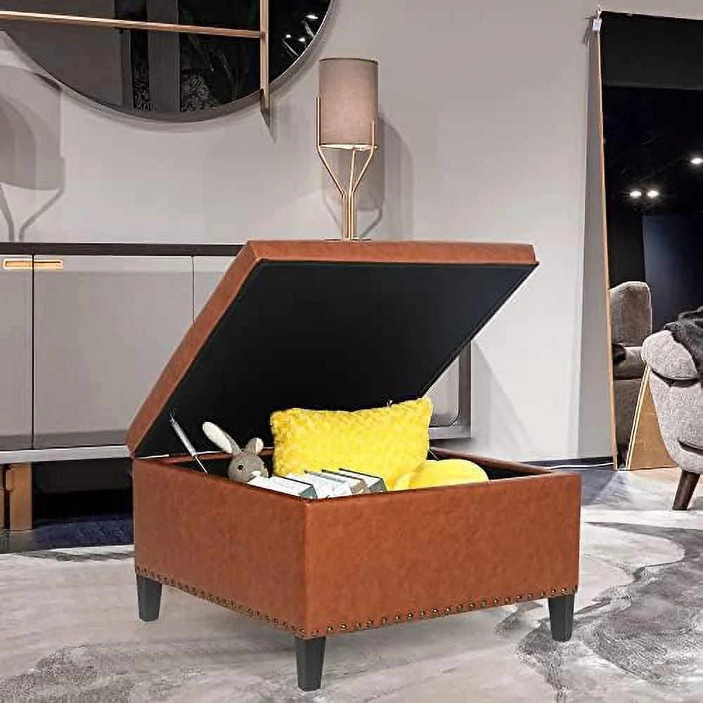 Orange Upholstered Tufted Ottoman Bench with Wood Legs P6068