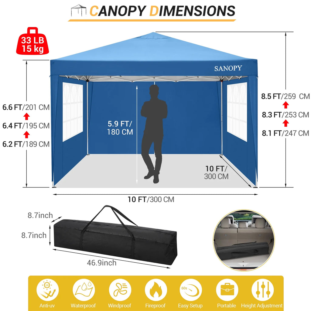 10'x10' Waterproof Pop Up Canopy Tent with 4 Removable Sidewalls & Carrying Bag O388
