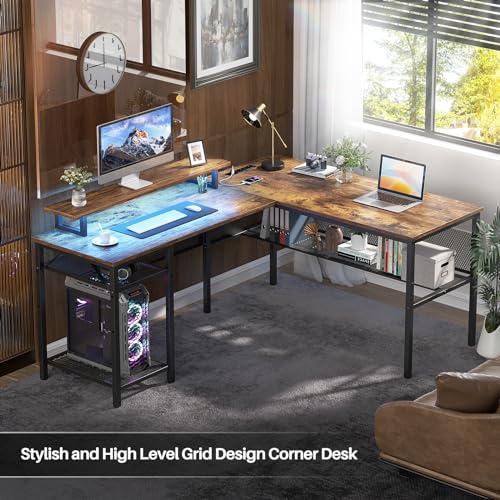 Black Oak L Shaped Computer Desk with Power Outlets and LED Light A704325