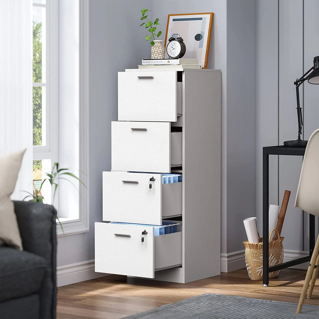 4 Drawer White Wood File Cabinet with Lock J9499