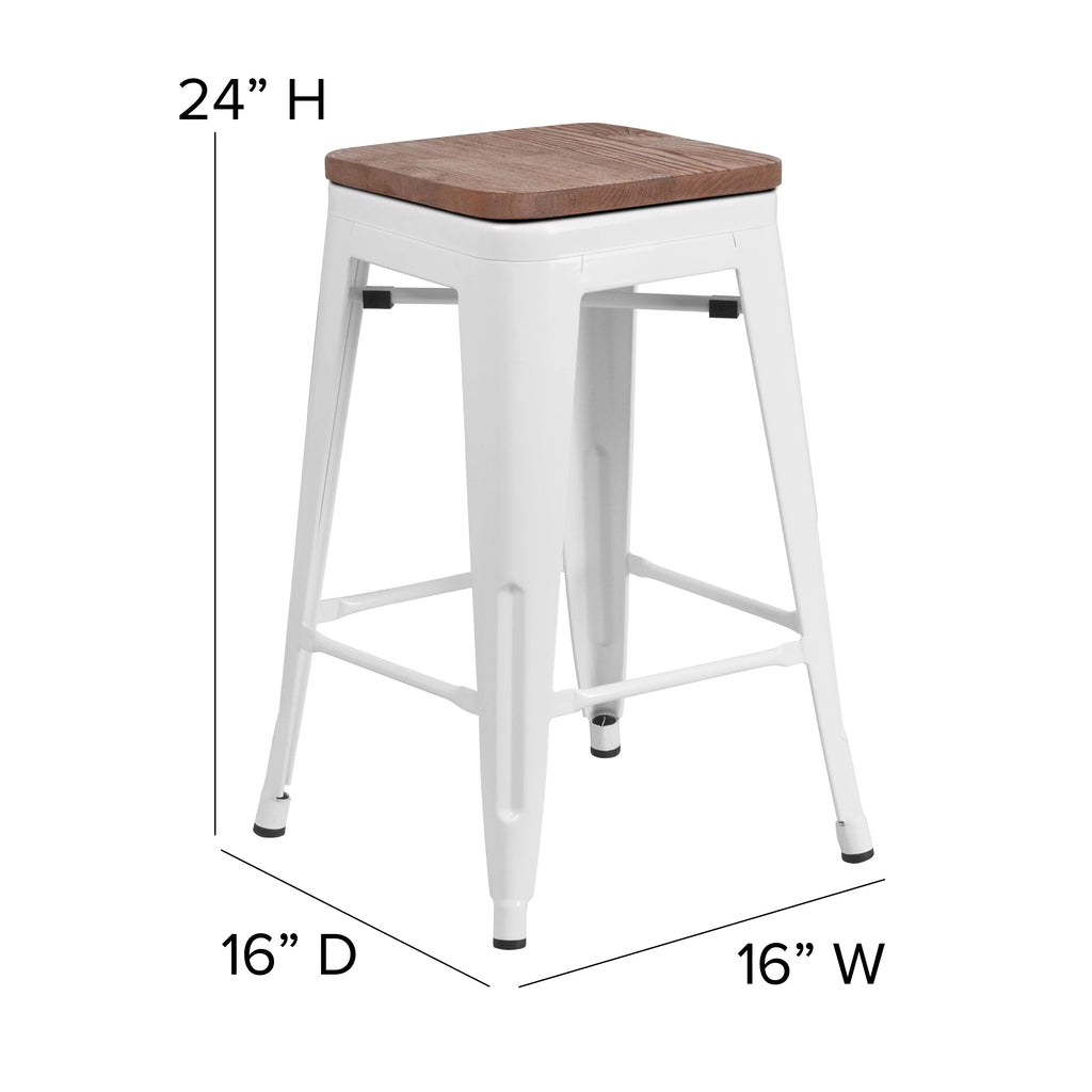 White Metal Counter Height Dining Stool with Wooden Seat K76150