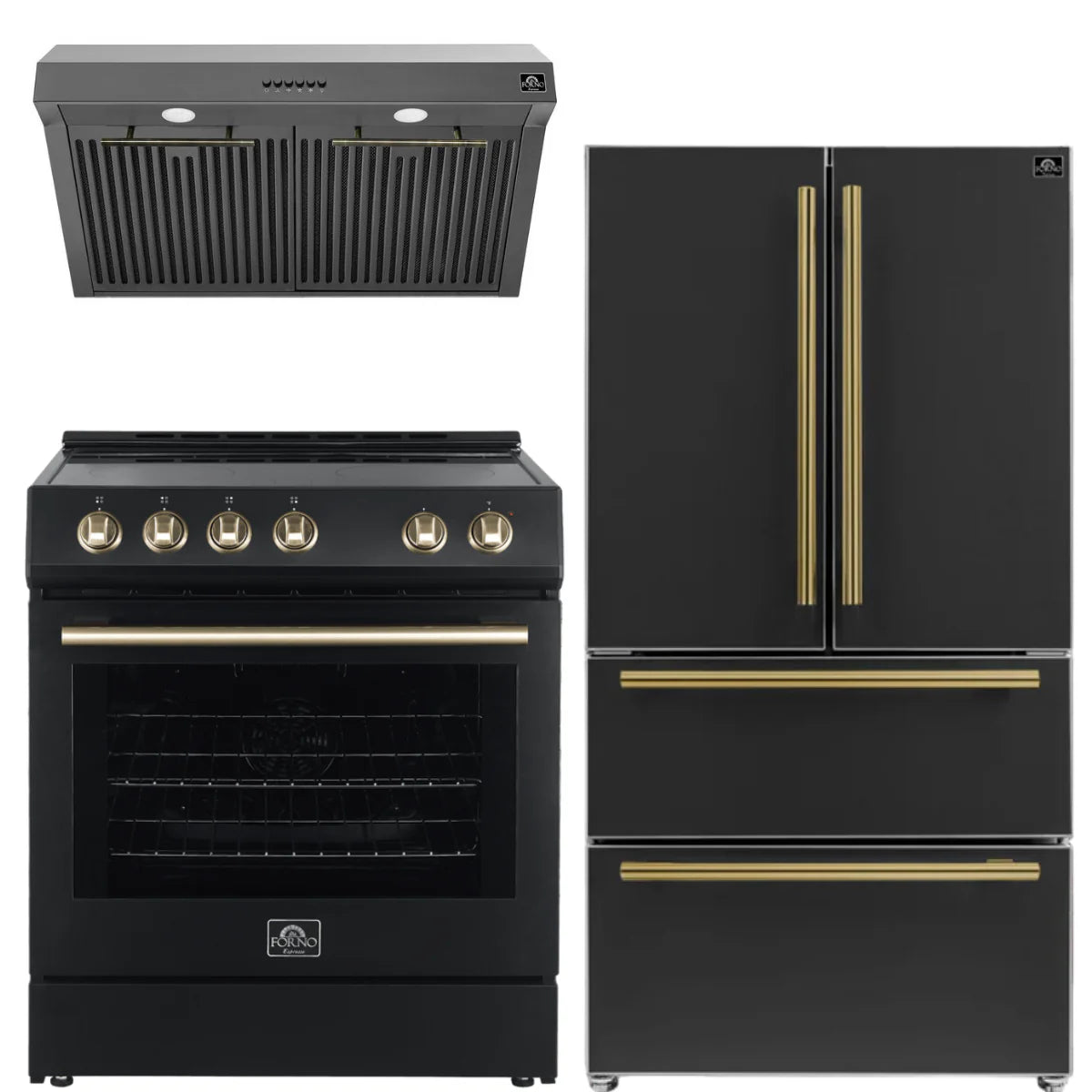 30 Electric Range, Range Hood and Refrigerator in Black E7299