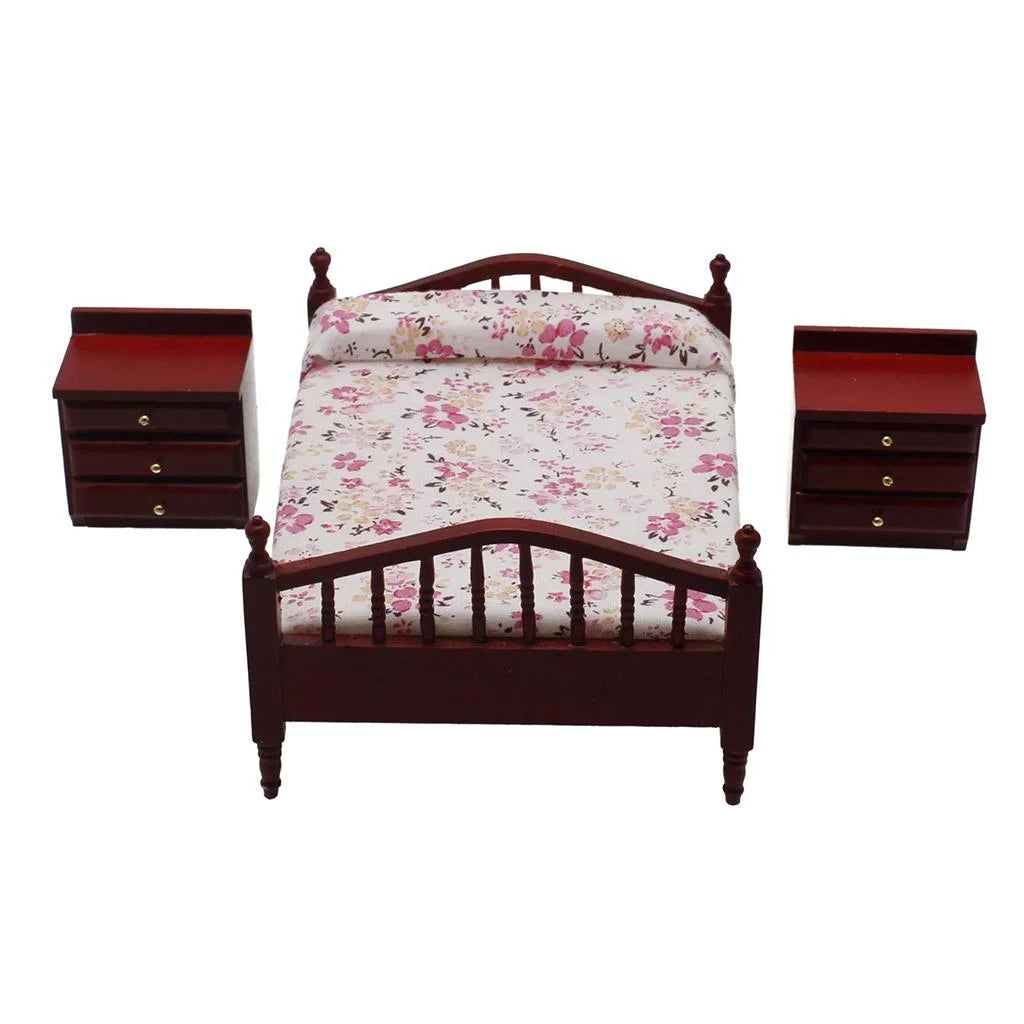 1/12 Scale Miniature Dollhouse Furniture Bed Night Table Brown Set H749