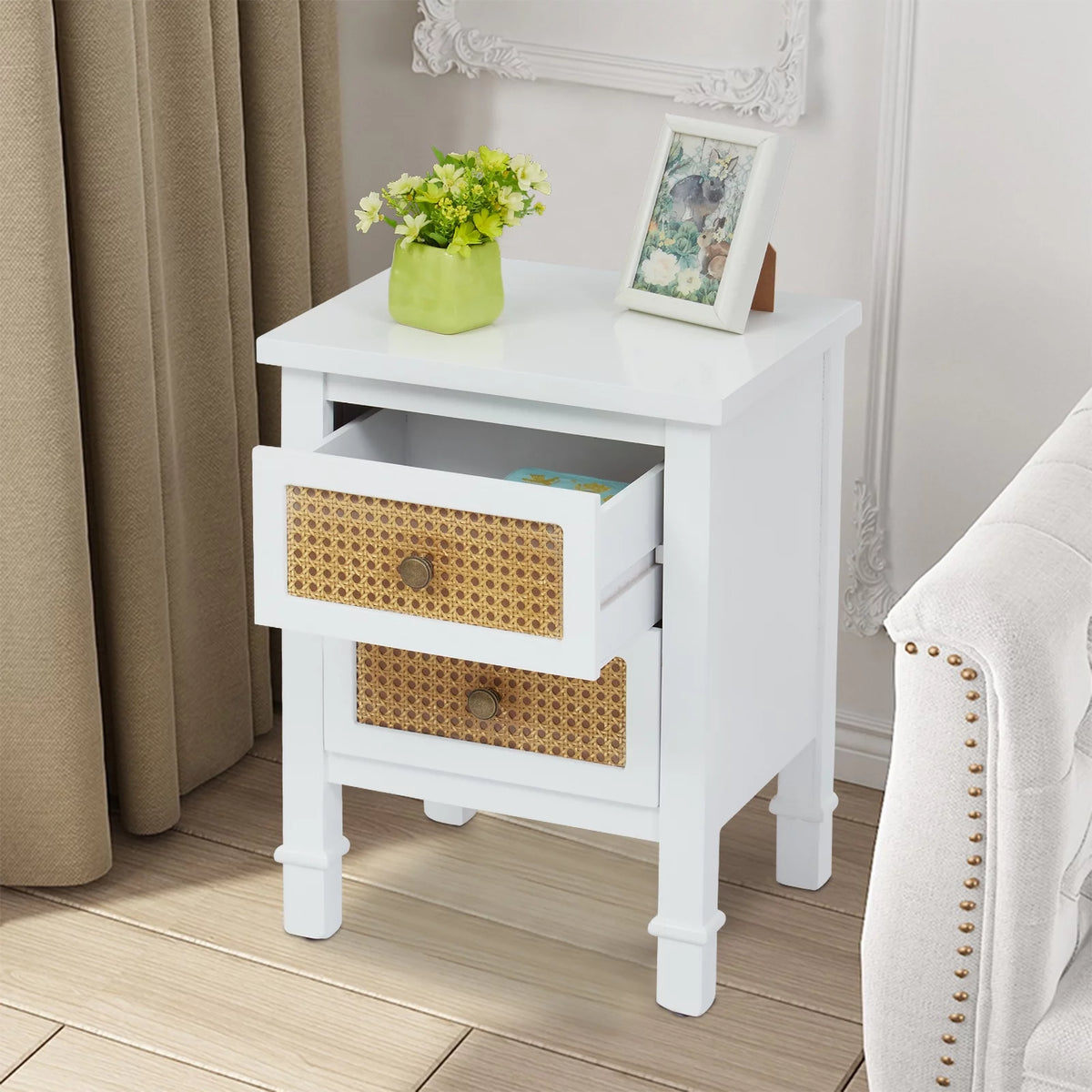 White 2 Drawer Rattan Nightstand B778
